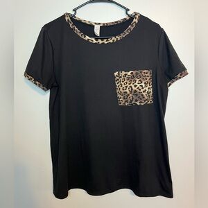 Flamingo Leopard Trim Pocket Tee Black Short Sleeve Top Size M